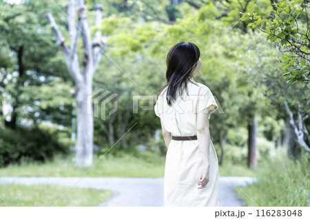 新緑の公園を散策する女性 116283048