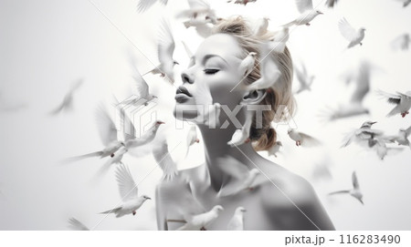 Woman profile with birds dispersing from head, concept of mental health 116283490