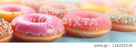 Bright pastel color frosted assorted donuts, sweet fun food banner background 116283536