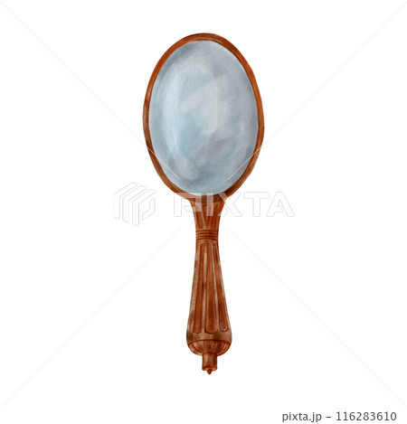 Vintage gold mirror on handle, hand painted with watercolor in retro style. Vintage cosmetics for packaging, design, paper, printing, cards. 116283610