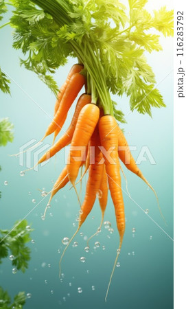 Fresh carrots with greens falling through the air on sky background 116283792