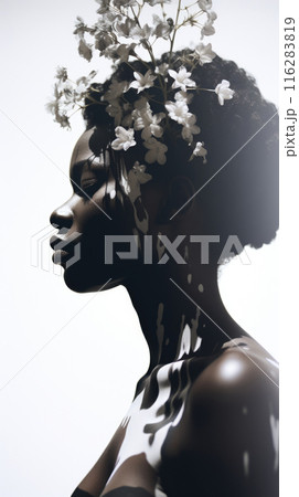Black Young Woman, flowers in head, concept of skin positivity, vitiligo 116283819