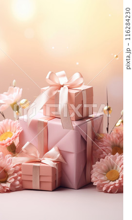 Gifts for March 8th, Mothers day, Pink Present boxes background, copy space 116284230