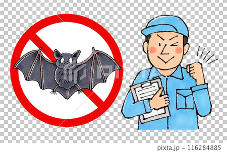 Male worker at a bat extermination company (no bats allowed sign) 116284885