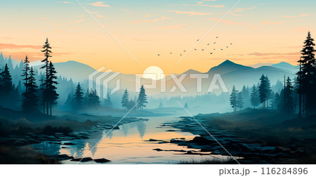 Mountain landscape in haze, panoramic landscape - AI generated image 116284896