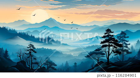 Mountain landscape in haze, panoramic landscape - AI generated image 116284901