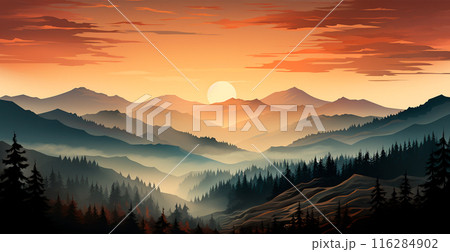 Mountain landscape in haze, panoramic landscape - AI generated image 116284902