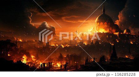 Destroyed burning city, Palestine on fire - AI generated image 116285228