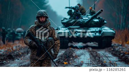 Military armored tank, soldier tanker on the battlefield, military conflict - AI generated image 116285261