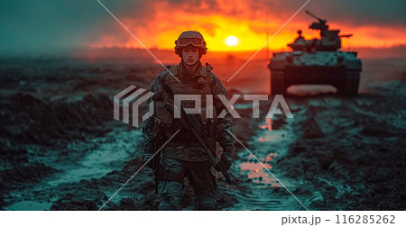 Military armored tank, soldier tanker on the battlefield, military conflict - AI generated image 116285262
