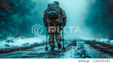 War, wounded soldiers, disabled male soldier - AI generated image 116285291