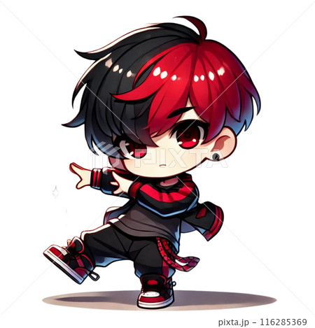 髪の色が半分赤、半分黒の男の子がダンスを踊っているのイラスト素材