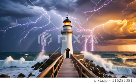 A lighthouse standing strong against the forces of a storm and lightning 116285381