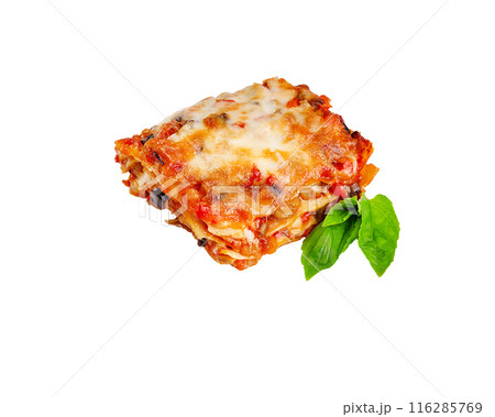 Close-up of a traditional lasagna made with minced beef bolognese sauce topped with basil leafs served on a white plate Close-up of a traditional lasagna made with minced beef bolognese sauce topped with basil leafs served on a white plate 116285769