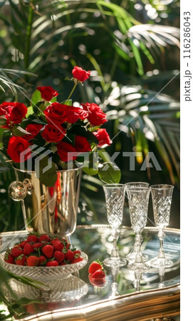 Crystal glasses for champagne on a glass table, red roses and a dish with strawberries Crystal glasses for champagne on a glass table, red roses and a dish with strawberries 116286043