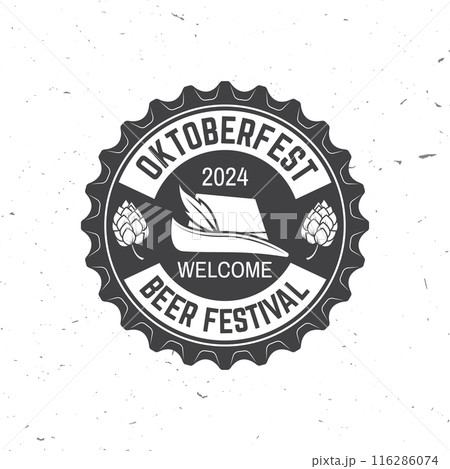 Oktoberfest logo or badge design. Vector. German traditional hat, bottle cap and malt. Vintage typographic design. 116286074