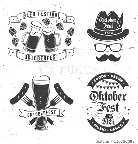 Set of Oktoberfest logos or badges design. Vector. Beer mug with malt, German traditional hat, fried sausage, grilled, skewered on a fork. Vintage typographic design. 116286098