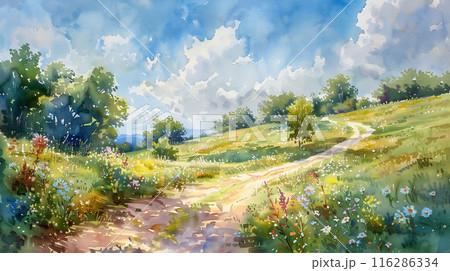 水彩画で描かれた自然の風景 のイラスト素材 [116286334] - PIXTA