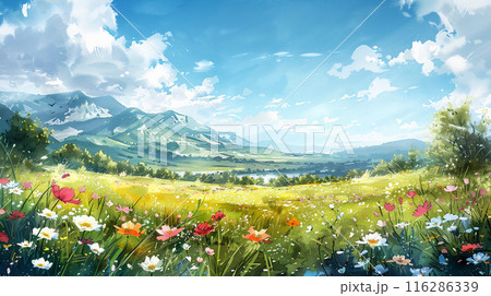 水彩画 自然の風景 花ア―ト・抽象 水彩画で描かれた自然の風景 のイラスト素材 [116286339] - PIXTA