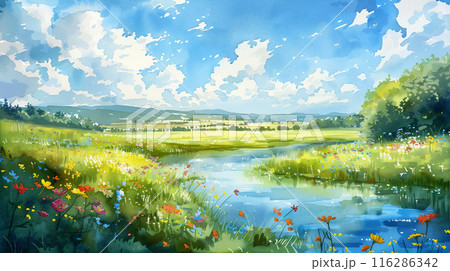 水彩画で描かれた自然の風景 のイラスト素材 [116286342] - PIXTA