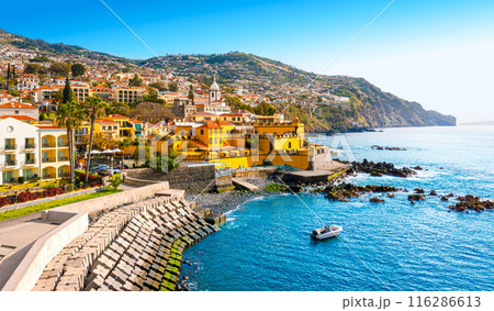 View of Funchal and Fuerte De Madeira in the historical center. Madeira Island, Portugal 116286613