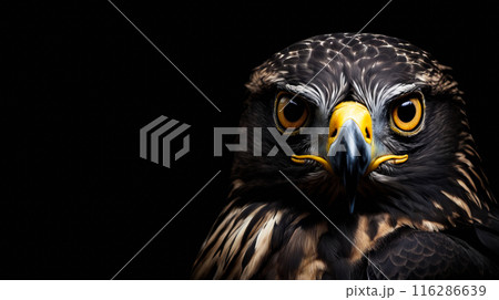 Close up of bird's face with yellow around its eyes and beak 116286639