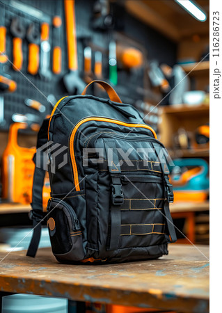A black backpack with orange straps sits on a table A black backpack with orange straps sits on a table 116286723