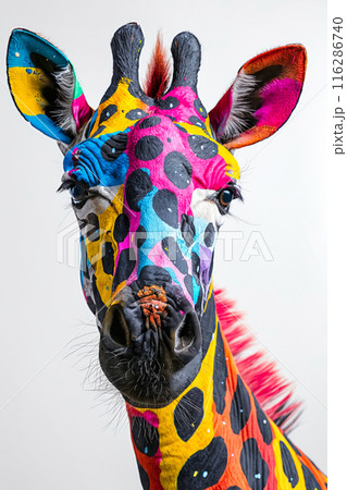 A giraffe with colorful paint on its face 116286740
