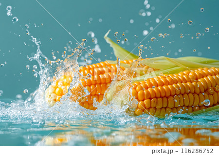 Corn on the cob splashing in water Corn on the cob splashing in water 116286752