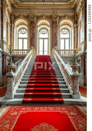 Red carpet is laid out on staircase in ornate building with gold trimming 116286988