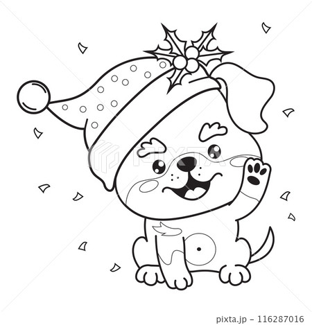 Cute Christmas dog in Santa hat with holly. Holiday outline cartoon kawaii animal character. Line drawing, coloring book. Vector illustration 116287016