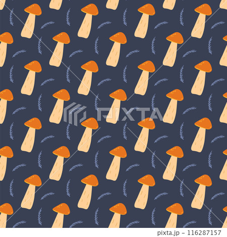 Mushrooms seamless pattern. Edible fungus repeat background. Autumn forest picking endless design. Vector hand drawn flat illustration. 116287157