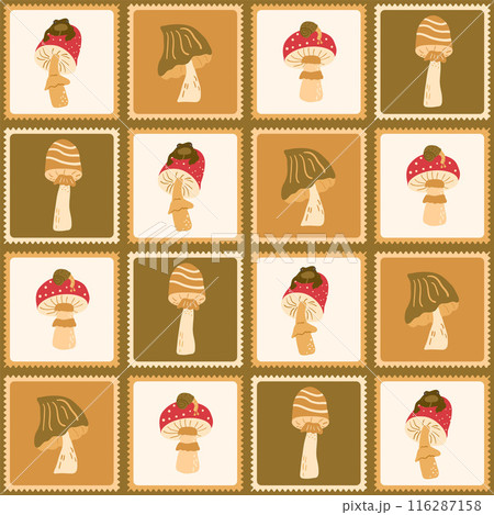 Fly agaric and toadstool checked seamless pattern. Bento box repeat background. Inedible mushrooms retro stamps endless design. Vector hand drawn flat illustration. 116287158
