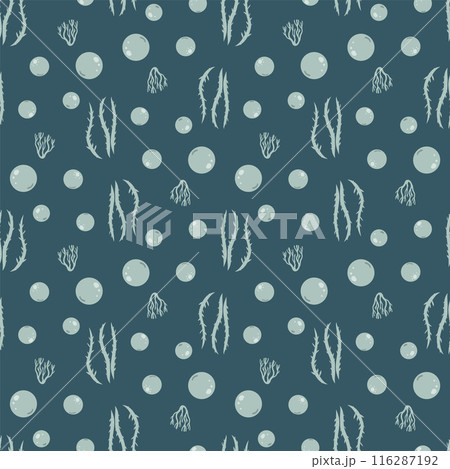 Algae and water bubbles seamless pattern. Underwater life endless background. Vector hand drawn flat illustration. Algae and water bubbles seamless pattern. Underwater life endless background. Vector hand drawn flat illustration. 116287192