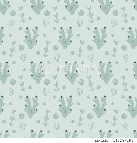 Coral reef, algae and water bubbles seamless pattern. Underwater life endless background. Vector hand drawn flat illustration. Coral reef, algae and water bubbles seamless pattern. Underwater life endless background. Vector hand drawn flat illustration. 116287193