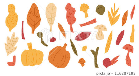 Set of cut out paper autumn shapes featuring leaves, pumpkins, mushrooms, and twigs in warm fall colors. Vector hand drawn flat illustration isolated on white background. Set of cut out paper autumn shapes featuring leaves, pumpkins, mushrooms, and twigs in warm fall colors. Vector hand drawn flat illustration isolated on white background. 116287195