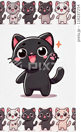かわいい手を振る黒猫のキャラクター｜シンプルなカートゥーン