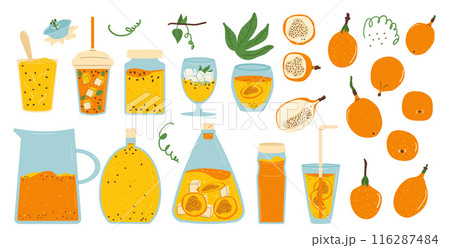 Sweet granadilla products set. Tropical fruit, juice, sorbet and jam clipart. Homemade passiflora food collection. Vector illustration isolated on white background. Sweet granadilla products set. Tropical fruit, juice, sorbet and jam clipart. Homemade passiflora food collection. Vector illustration isolated on white background. 116287484