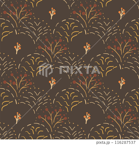 Autumn berries twigs seamless pattern. Dark abstract repeat background. Vector hand drawn flat illustration. 116287537