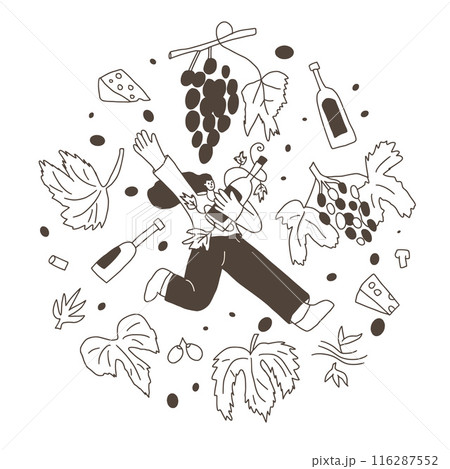 Wine club circular emblem. Cute fun character with wineglass, bottles and grapevines round badge. Vector hand drawn doodle collection illustration isolated on white background. Wine club circular emblem. Cute fun character with wineglass, bottles and grapevines round badge. Vector hand drawn doodle collection illustration isolated on white background. 116287552