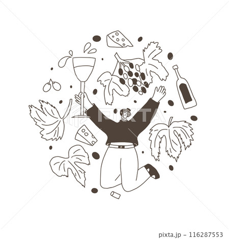 Wine tasting event circular emblem. Cute fun character with wineglass, bottles and grapevines round badge. Vector hand drawn doodle collection illustration isolated on white background. Wine tasting event circular emblem. Cute fun character with wineglass, bottles and grapevines round badge. Vector hand drawn doodle collection illustration isolated on white background. 116287553
