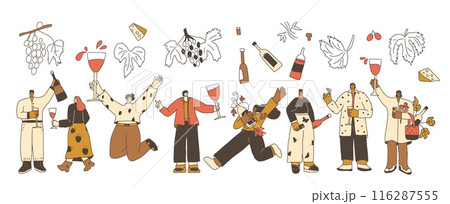 Wine tasting event. Set of wine lovers. Cute characters with with wineglass. Vector hand drawn collection illustration isolated on white background. 116287555