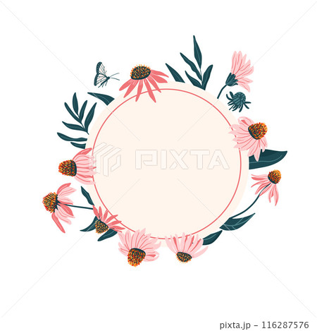 Coneflowers circular wreath isolated on white background. Floral circular frame. Vector flat hand drawn illustration. 116287576