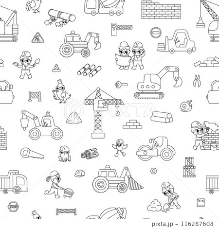 Big vector black and white construction site, road work seamless pattern. Building line repeat background with kid builders, transport, bulldozer, crane. Repair service digital paper 116287608