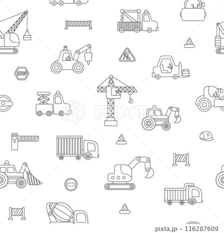 Vector black and white special transport seamless pattern. Construction site, road work, building transport line repeat background with bulldozer, tractor, truck. Digital paper with vehicles 116287609