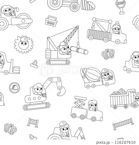 Vector black and white special transport seamless pattern with drivers. Construction site, road work, building line transport repeat background with bulldozer. Cute repair service vehicles texture 116287610