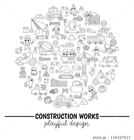 Vector black and white construction site round frame with kid builders, transport, bulldozer, crane. Building works card template design for banners. Cute line repair service illustration 116287611