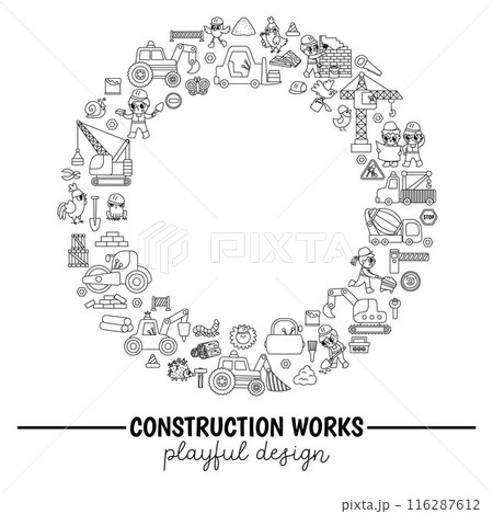 Vector black and white construction site round border frame with kid builders, transport, tractor, crane. Building works line card template design for banners, invitations. Cute repair service 116287612