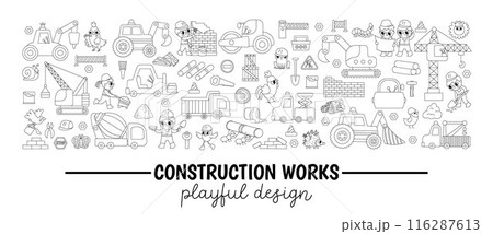 Vector black and white construction site horizontal border set with kid builders, transport, crane. Building works card template design for banners. Cute repair service line illustration 116287613