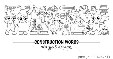 Vector black and white construction site horizontal border line set with kid builders, transport, crane, animals, tools, engineers. Building works card template design. Cute repair service 116287614